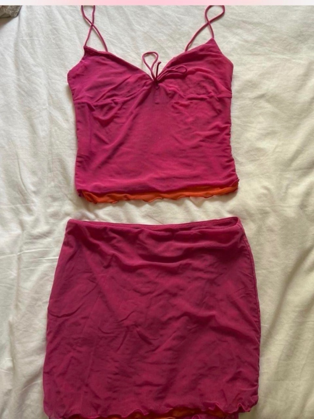 White Fox Pink & Orange Mesh Cami Top & Micro Mini Skirt Set – Size S